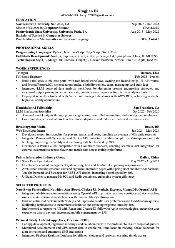 Preview of Xingjian Bi's resume